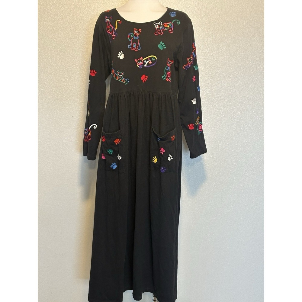 Michael‎ Simon sz.L Vintage Embroidered Cat Cotton Long Sleeve Maxi Midi Dress